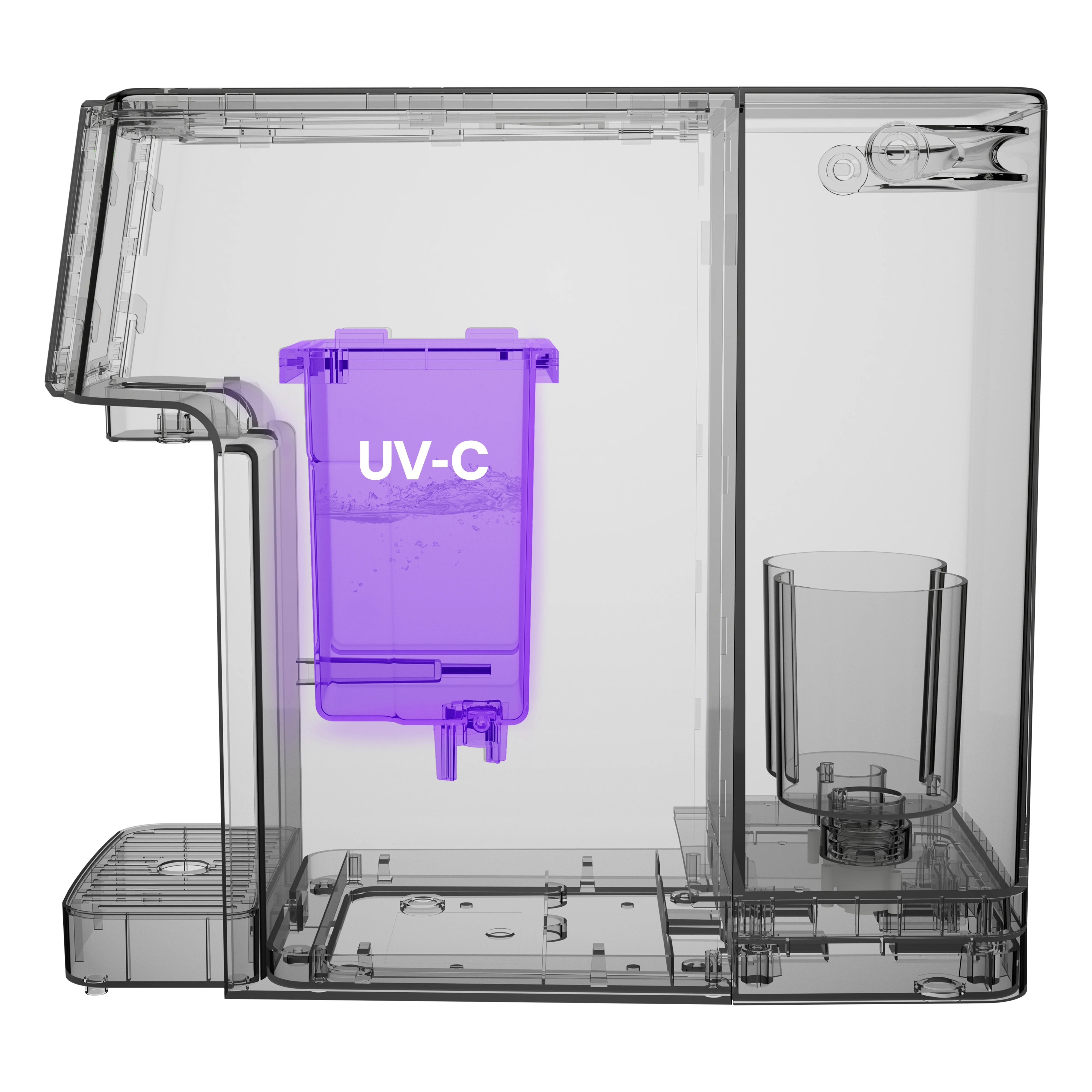 UV-C-Licht im internen Reinwassertank des OasisPure FreshGo Flex Wasserfilter zur Sterilisation und Keimreduktion